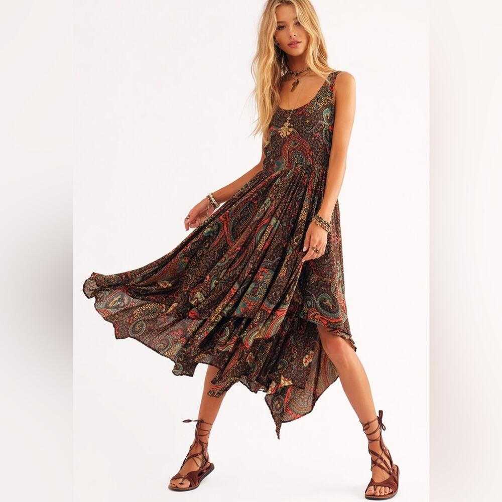 Boho Paisley Asymmetrical Midi Dress Organic Viscose Handkerchief Summer Dress L